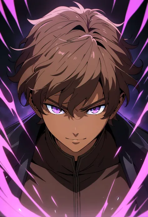 Brown young man, arrogant smile, Brown hair with purple highlights, using a black coat, Gojou Satoru Hairstyle, Brown MAN WITH Brown SKIN COLOR, Anime art style, high res, ultra-detailed, (best quality,4k, high res, masterpiece), subdued colors, vivid colo...