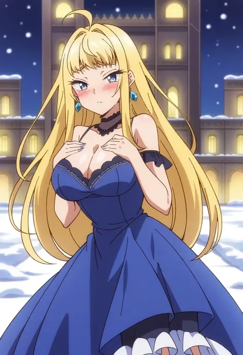 (anime art style), masterpiece, best quality, very aesthetic, absurdres, minamifuyuki, ((1girl)), antenna hair, blonde hair, long hair, sidelocks, ahoge, eyeslashes, blue eyes, large breasts, sexy, cleavage, black high heels, blue dress, formal dress, fril...