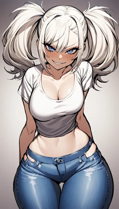 1 Girl, Baggy T shirt , Jeans, Medium Breasts, Booty Shorts, Blue Eyes, Platinum White Hair, Twin Tail Hair Style, Pale White Skin, Smooth Skin, Face Freckles, Leather Straps on Thighs, Nice Cleavage, Slutty, Sexy, Sassy, Smirking, Tease, Teasing,