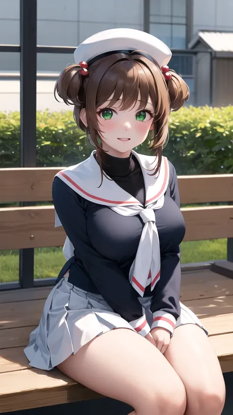 masterpiece, best quality, highres, kinomoto sakura, 1girl, brown hair, short hair, antenna hair, two side up, hair bobbles, green eyes, , white sailor collar, black shirt, long sleeves, white skirt, pleated skirt, sitting, eating, outdoors, bench, food, l...