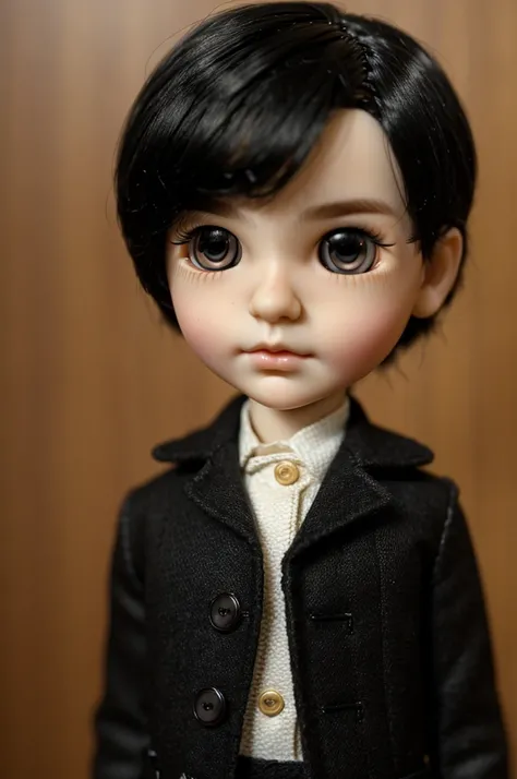 ((best quality)), ((masterpiece)), (detailed), boy blythe doll with black short hair, black eyes, and small eye shape