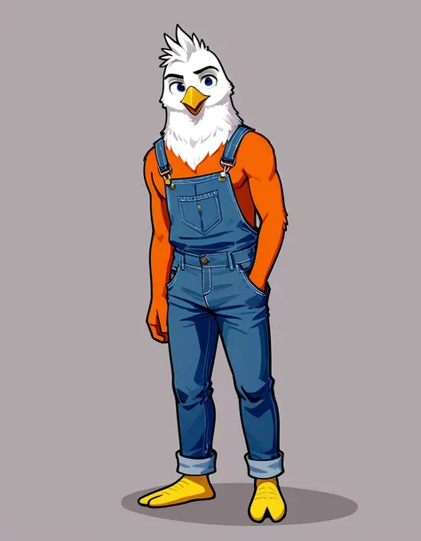 anthro bird, male, full body, portrait, beak, overalls, frozen lakeside, Over-the-shoulder shot,