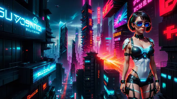 (((aerial view))) image of a cyberpunk cityscape, (((all-glass))) towering skyscrapers, a lot of neon lights and holographic bil...