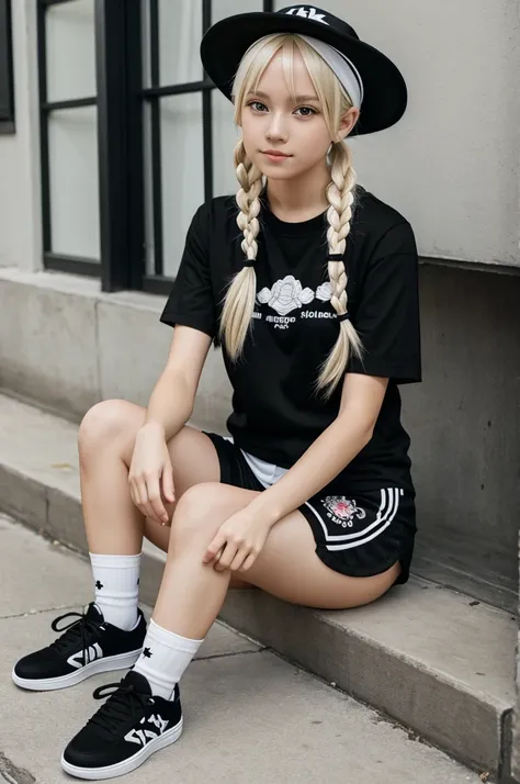 Anime girl sitting in a black shirt with embroidery, black shorts, long white socks, black shoes ,white bracelets , white hat with white fur embroidery , blonde hair tied in pigtails 