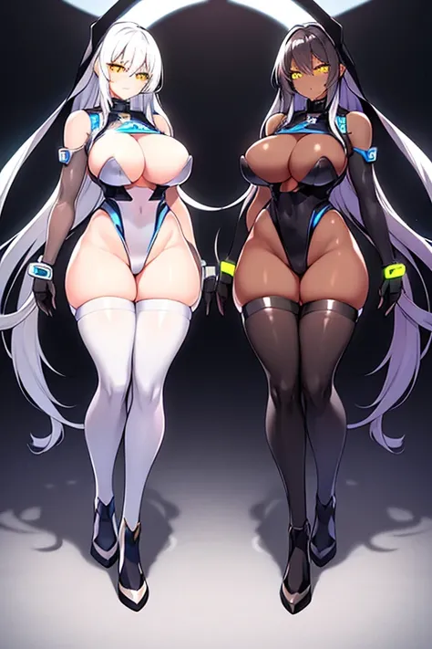 2girls, dark skin, dark-skinned female, dark-skinned females, ass, from behind, full_body, ((full body)), leotard, white leotard, white hair, long hair, hood, bodysuit, neon, neon trim, neon lights, machinery, tech, futuristic, science-fiction, breasts, ma...