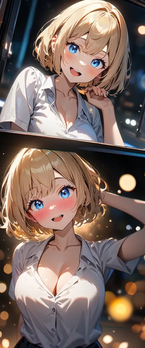 (((One girl))), blond hair, bob cut, (upper body), (looking at viewer), breasts, teenager, head tilt:1.3, (((blue eye))), ((happy smile)), ((full face blush)), tongue out, open mouth, school summer uniform, white shirts, black skirt, cleavage, anime style,...