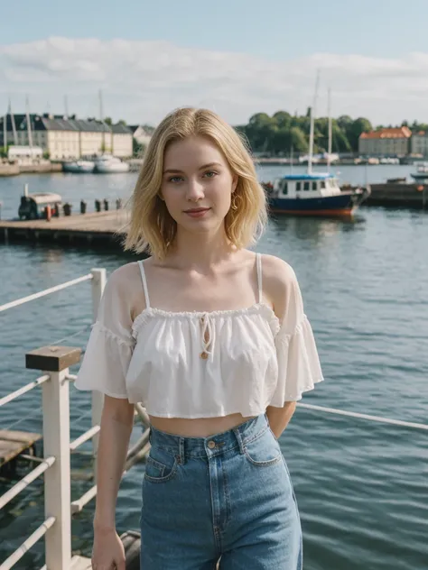 her name is Elle, high quality, 1girl, ((20-year-old fit Caucasian woman)), ((20 years old)), ((fit)), ((pale skin)), short bob blonde hair , wearing Boho Peasant Top + High-Waisted Flared Jeans, pose: standing, background: Highlight the modern elegance of...