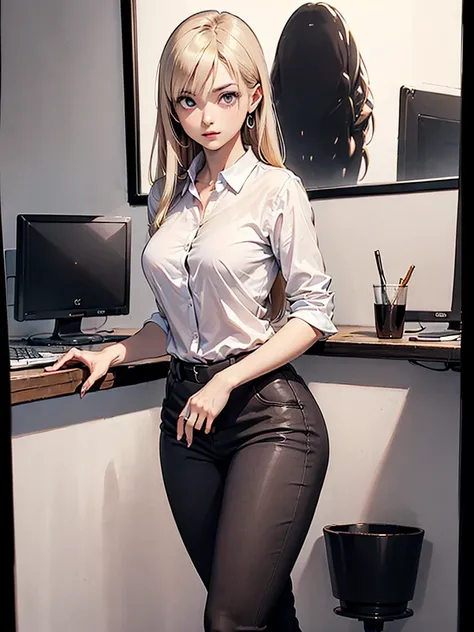 (best quality, 8k, highres, photorealistic:2.0), (solo, one girl:2.0),(lighting: front),(lighting: strong),(ultimate beautiful girl:2.0),(shiny skin),(oily skin),(platinum blonde hair:1.5),(straight hair:2.0),Blush brown makeup , dark eye makeup , use pink...