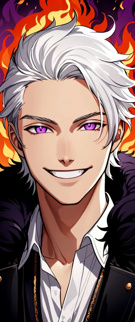 white haired young man. purple eyes. wearing a black jacket with fur on the collar. grinning.handsome