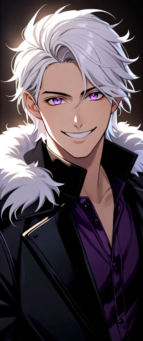 white haired young man. purple eyes. wearing a black jacket with fur on the collar. grinning.handsome