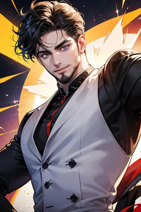 a handsome 30 year old man with 3 day beard, dark hair, sharp jawline, mesmerizing eyes, perfectly styled hair, wearing a cool anime outfit, confident expression, vibrant colors, dynamic lighting, CEO expression smile in love, 8k, high quality, photorealis...