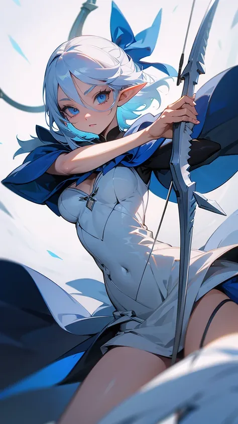 Blue eyed platinum hair sexy elf girl in dress with bow and arrow in hands ready to launch.