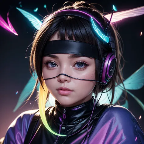 young woman wearing headphones, blindfolded, glowing iridescent colors, moths resting on blindfold, only face in frame