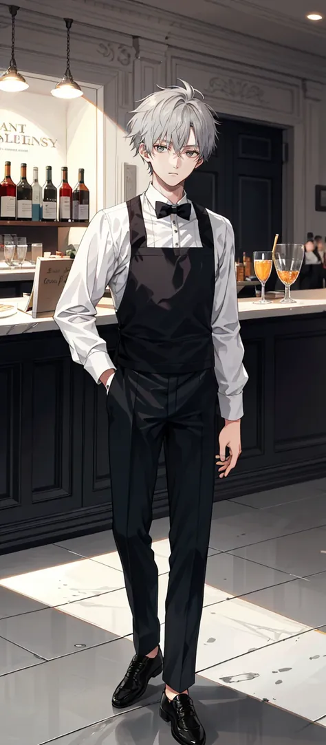 1 boy, 18 years old, full body, waiter, short hair, grey hair, messy hair, undercut,