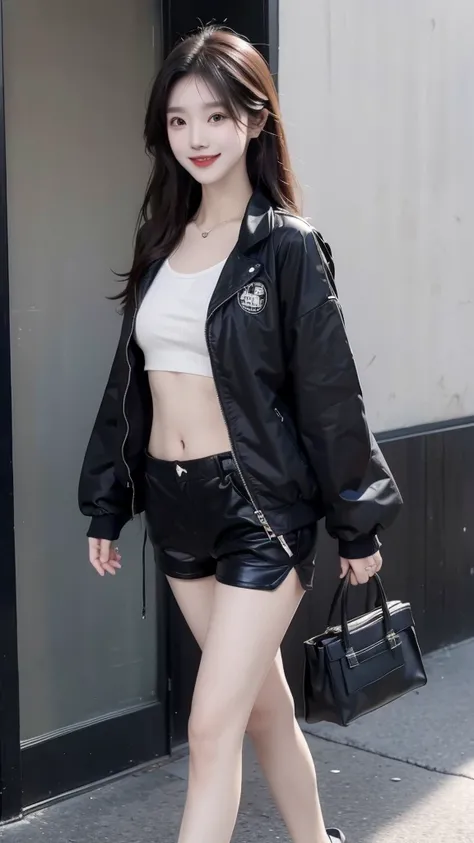 Japanese girl wearing black jacket and a black crop top, black shorts, sandals, has a six-pack stomach, a sweet smile while carrying a small black bag