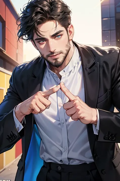 a handsome 35 year old man, 3 day beard, dark hair, sharp jawline, mesmerizing eyes, perfectly styled hair, wearing cool anime outfit, confident expression, vibrant colors, dynamic lighting, CEO, expression, smile in love, (best quality,4k,8k,highres,maste...