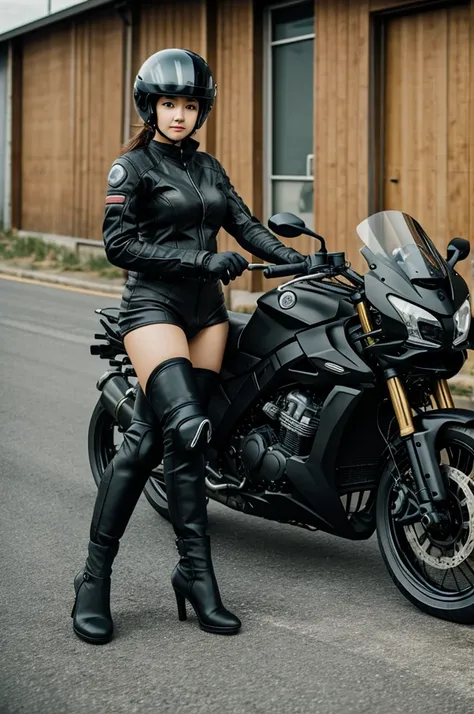 Anime woman on black motorbike with closed helmet
