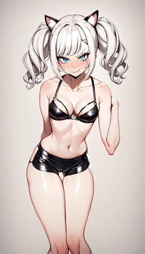 1 Girl, String Panties, Cute Sexy Neko Cat Open Chest Bra, Medium Breasts, Booty Shorts, Blue Eyes, Platinum White Hair, Twin Tail Hair Style, Pale White Skin, Smooth Skin, Face Freckles, Leather Straps on Thighs, Nice Cleavage, Slutty, Sexy, Sassy, Smirki...