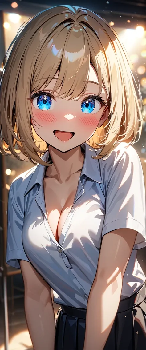 (((One girl))), blond hair, bob cut, (upper body), (looking at viewer), breasts, teenager, head tilt:1.3, (((blue eye))), ((happy smile)), ((full face blush)), tongue out, open mouth, school summer uniform, white shirts, black skirt, cleavage, anime style,...