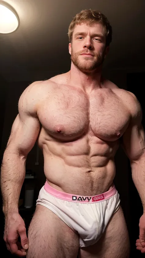 Masterpiece, front view, (Muscular, pale skin, black messy hair, extremely hairy chest, ripped, slim torso, handsome man, (((big pink perky nipples))), (((((Caucasian white man, Davey fisher))))) ), (loose small white boxers), dark room, low light, night t...