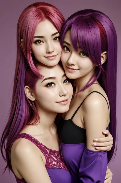 anime style, two sisters hugging, one with purple hair with a large bust and the other with pinkish red hair with a medium bust and cute 