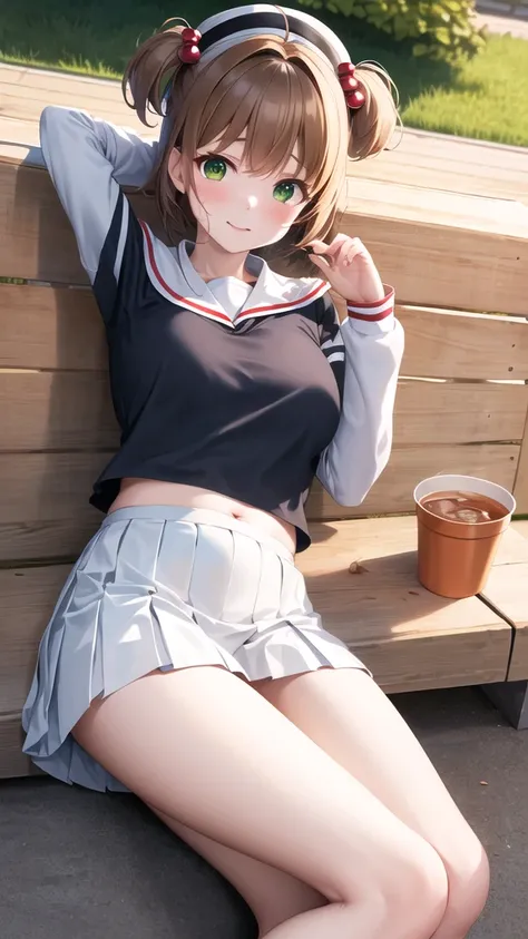 masterpiece, best quality, highres, kinomoto sakura, 1girl, brown hair, short hair, antenna hair, two side up, hair bobbles, green eyes, , white sailor collar, black shirt, long sleeves, white skirt, pleated skirt, sitting, eating, outdoors, bench, food, l...