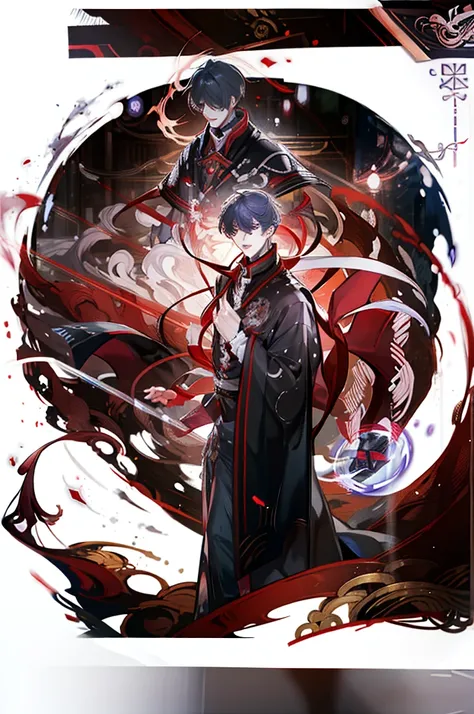 A handsome man with a purple short messy hair, gleaming red eyes, wearing a white shirt with a black and red cape with samurai metal plates and details, red strings, hood and bows, black pants, red moon background, menacing bright red electricity aura, men...