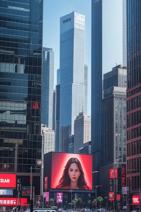 tall buildings with a large photo of a woman on the side, giant video screens, giant led screens, giant road sign armor champion, big video statues, digital billboard in the middle, giant red led screens, Premium work of art, outdoors digitais, Marco Steye...