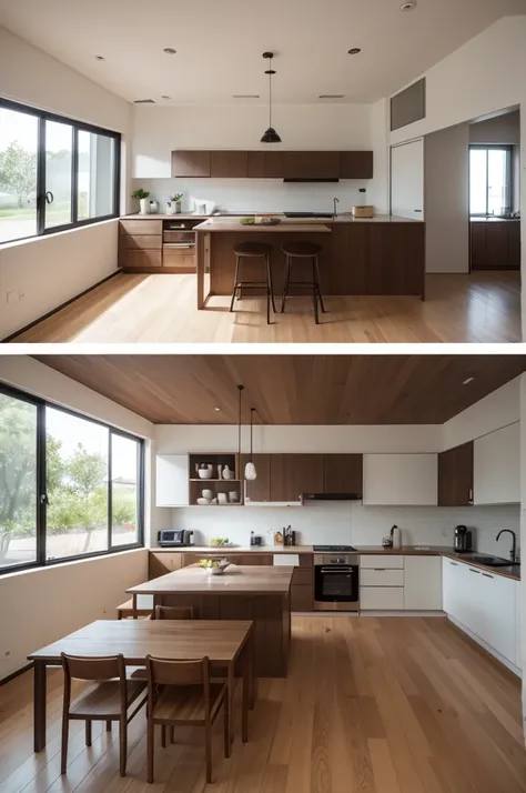 the kitchen, which is next to the living room, It is modern and well equipped, with an island in the center and high benches around. The aroma of fresh coffee still lingers in the air, mixed with the faint smell of something sweet, maybe freshly baked cook...