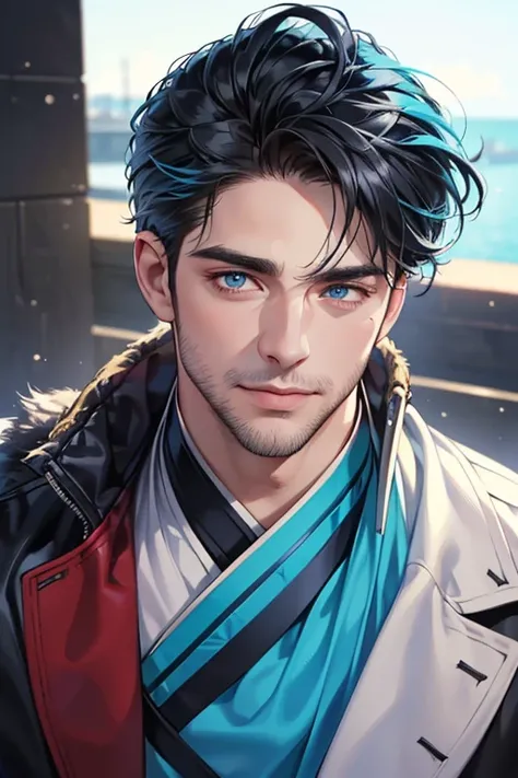 a handsome 35 year old man, 3 day beard, dark hair, sharp jawline, mesmerizing blue eyes, perfectly styled hair, wearing cool anime outfit, confident expression, vibrant colors, dynamic lighting, CEO, expression, smile in love, (best quality,4k,8k,highres,...