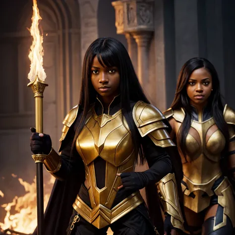 A light black woman, with straight and pasted hair, with violet eyes, with the pupil of the right eye emitted light, with a golden armor, a flaming sword in his right hand and a staff in his left hand, turning in position 3/4 on the left.