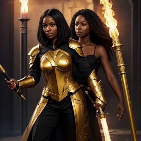 A light black woman, with straight and pasted hair, with violet eyes, with the pupil of the right eye emitted light, with a golden armor, a flaming sword in his right hand and a staff in his left hand, turning in position 3/4 on the left.