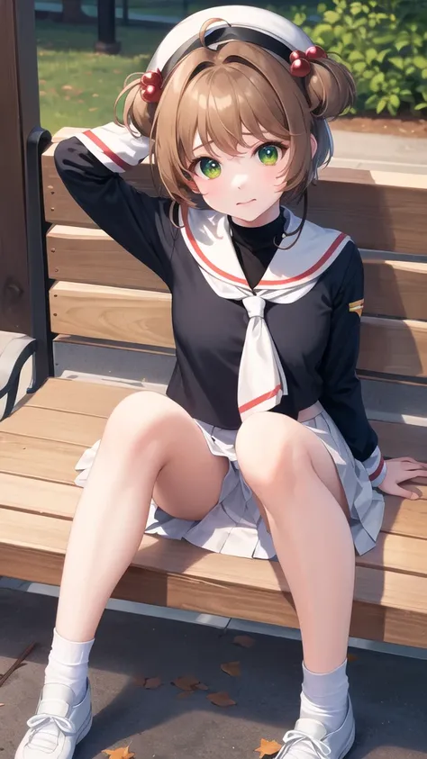 masterpiece, best quality, highres, kinomoto sakura, 1girl, brown hair, short hair, antenna hair, two side up, hair bobbles, green eyes, , white sailor collar, black shirt, long sleeves, white skirt, pleated skirt, sitting, eating, outdoors, bench, food, l...