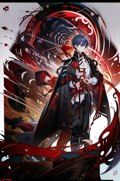 A handsome man with a purple short messy hair, gleaming red eyes, wearing a white shirt with a black and red cape with samurai metal plates and details, red strings, hood and bows, black pants, red moon background, menacing bright red electricity aura, men...