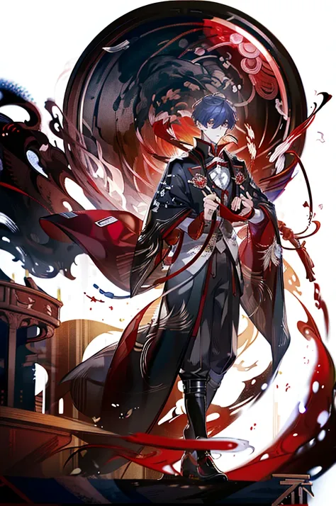 A handsome man with a purple short messy hair, gleaming red eyes, wearing a white shirt with a black and red cape with samurai metal plates and details, red strings, hood and bows, black pants, red moon background, menacing bright red electricity aura, men...