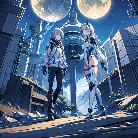 anime, 2 characters, 1 anime girl, silver blue hair, blue glowing star-shaped eyes, 1 puppet, metallic, tall, robot, fantasy, li...