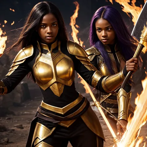 A light black woman, with straight and pasted hair, with violet eyes, with the pupil of the right eye emitted light, with a golden armor, a flaming sword in his right hand and a staff in his left hand, in position 3/4 on the left.