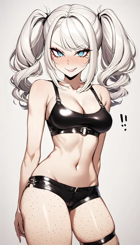 1 Girl, Strap Panties, Strap Top, Medium Breasts, Booty Shorts, Blue Eyes, Platinum White Hair, Twin Tail Hair Style, Pale White Skin, Smooth Skin, Face Freckles, Leather Straps on Thighs, Nice Cleavage, Slutty, Sexy, Sassy, Smirking, Tease, Teasing, 