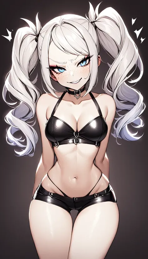 1 Girl, Strap Panties, Strap Top, Medium Breasts, Booty Shorts, Blue Eyes, Platinum White Hair, Twin Tail Hair Style, Pale White Skin, Smooth Skin, Face Freckles, Leather Straps on Thighs, Nice Cleavage, Slutty, Sexy, Sassy, Smirking, Tease, Teasing, 