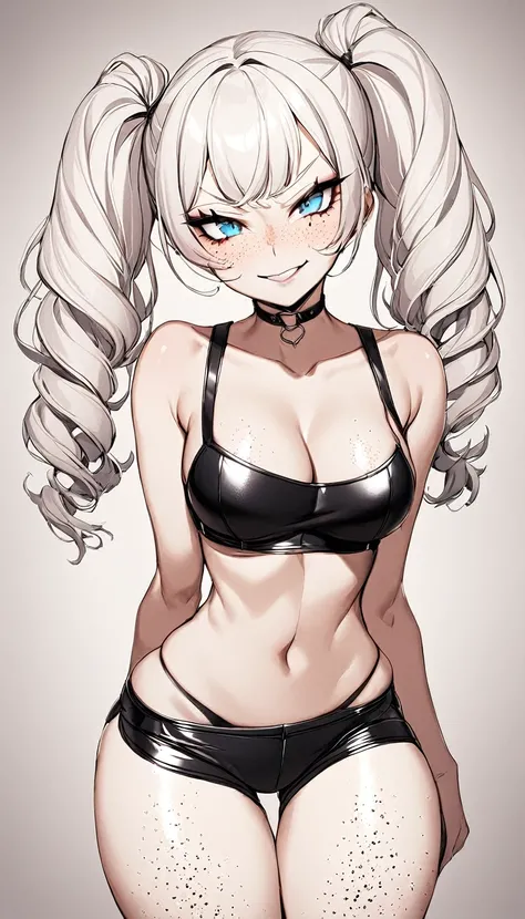 1 Girl, Strap Panties, Strap Top, Medium Breasts, Booty Shorts, Blue Eyes, Platinum White Hair, Twin Tail Hair Style, Pale White Skin, Smooth Skin, Face Freckles, Leather Straps on Thighs, Nice Cleavage, Slutty, Sexy, Sassy, Smirking, Tease, Teasing, 