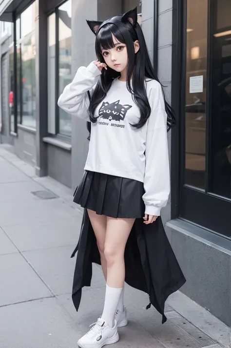 ((anime styling)) girl with long black hair with bangs,has cat ears and tail,wears a gray chadres skirt and a white long-sleeved shirt,wears a large white sock with black shoes has gray eyes