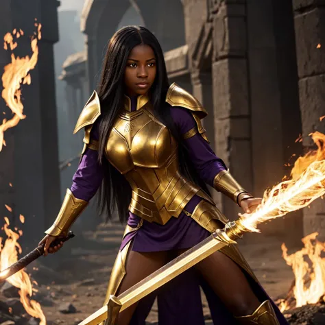 A light black woman, with straight and pasted hair, with violet eyes, with the pupil of the right eye emitted light, with a golden armor, a flaming sword in his right hand and a staff in his left hand, in position 3/4 on the left.