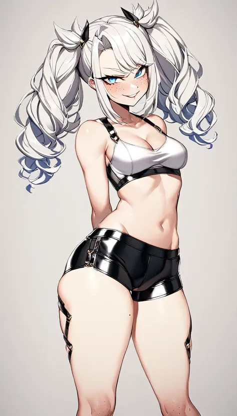 1 girl, cation tape panties, cation tape top, medium breasts, booty shorts, blue eyes, platinum white hair, twin tail hair style...