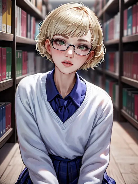 1girl, elegant bearing, small, slender build, short height, narrow shoulders, pale skin dotted by freckles, short platinum blonde hair, (((pixie cut hairstyle))), (((boyish hair))), (dark green eyes), silver glasses, cute facial features with an underlying...