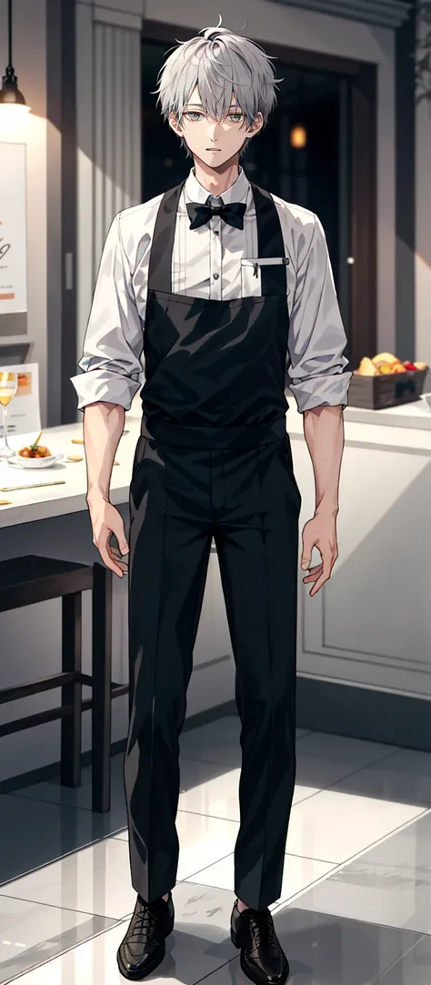 1 boy, 25 years old, full body, waiter, short hair, grey hair, messy hair, undercut,