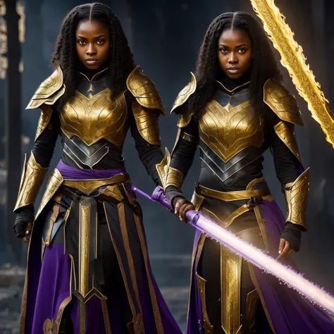 A light black woman, with straight and pasted hair, with violet eyes, with the pupil of the right eye emitted light, with a golden armor, a flaming sword in his right hand and a staff in his left hand.