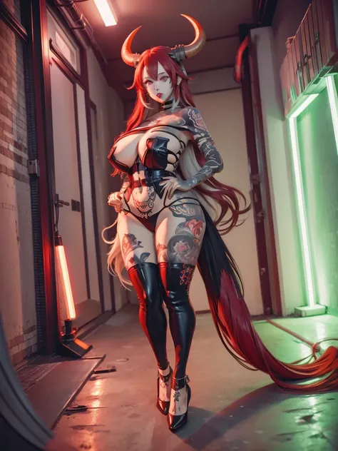 honkai impact, herrscher of thunder, very long hair, full body, red hair, full body tattoo, demon Horn, long tail demon.