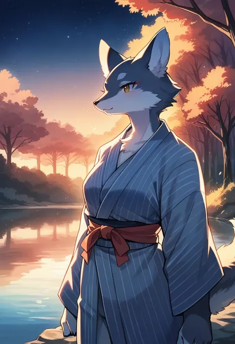 top quality, best quality, highres, masterpiece, super high resolution, detailed background, lake, nigh sky, firework, japanese yukata, absurdres, perfect anatomy, good lighting, cinematic shadow(1girl, kemono, furry anthro)assorted expressions, upper shot...