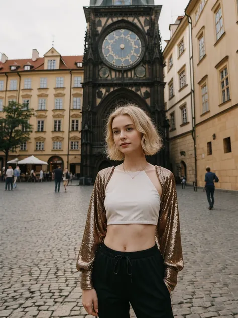 her name is Elle, high quality, 1girl, ((20-year-old fit Caucasian woman)), ((20 years old)), ((fit)), ((pale skin)), short bob blonde hair , wearing Rose Gold Sequin Bralette + High-Waisted Forest Green Silk Joggers, pose: standing, background: Write abou...