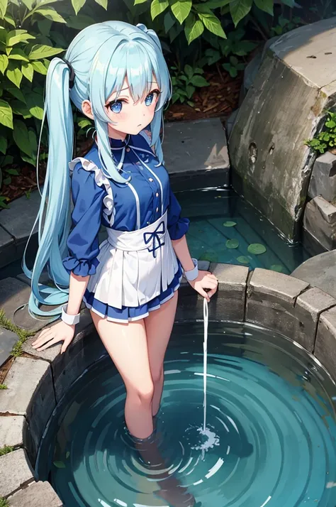 A girl with long light blue hair and twin tails comes out of a deep well.